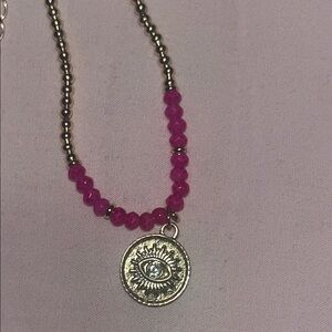Gold and Pink Beaded Bracelet with Sun Evil Eye Pendant Mediterranean Boho